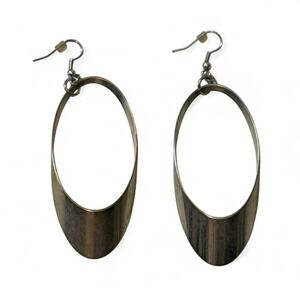 Vintage 90s Modernist Silver Tone Tapered Oval‎ Hoop Dangle Earrings